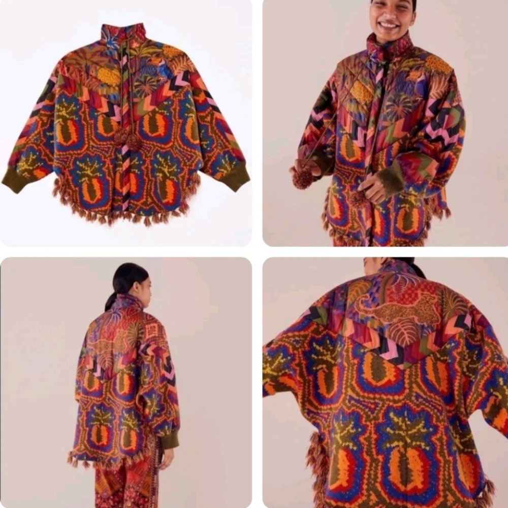 Farm Rio Pineapple Tapestry Puffer Poncho Jacket Size M, NWT